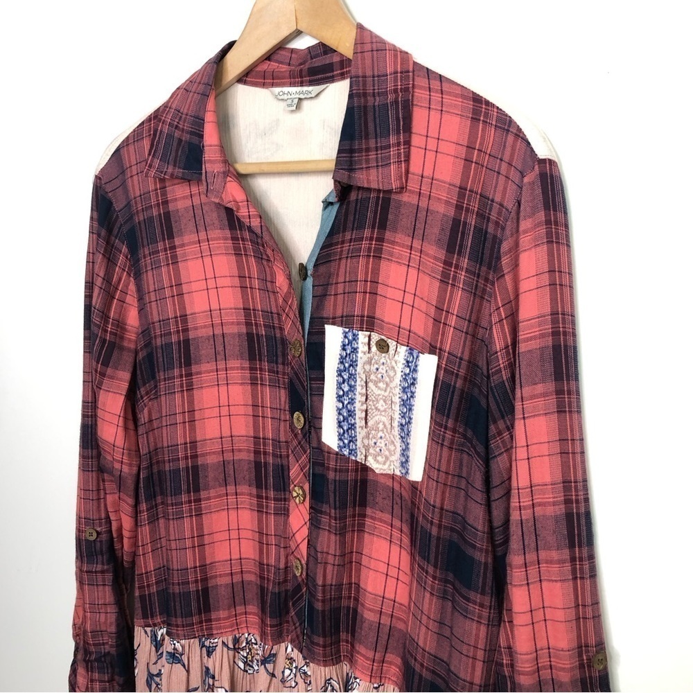 JOHN • Mark mixed media plaid embroidered button-down shirt - Picture 3 of 11